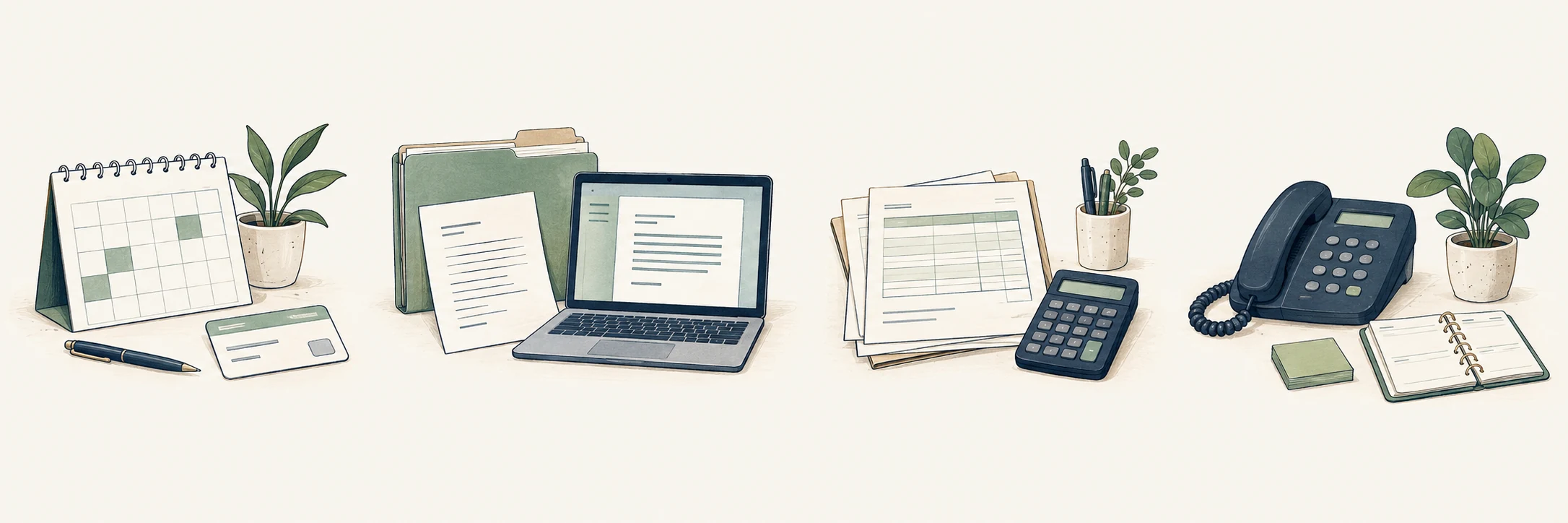 An appointment calendar and insurance card, a clinical folder and letter, claim forms, and a phone illustrate the four services.