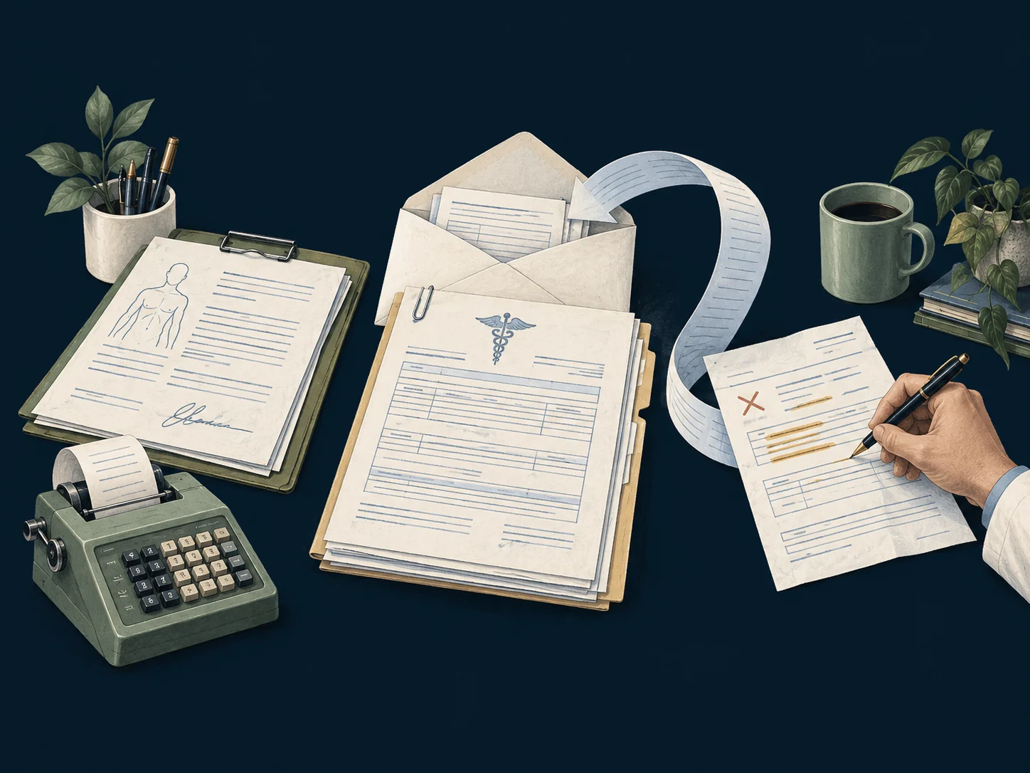 Clinical documentation, a calculator, and a claim packet show the billing process, with a returned page being corrected for resubmission.
