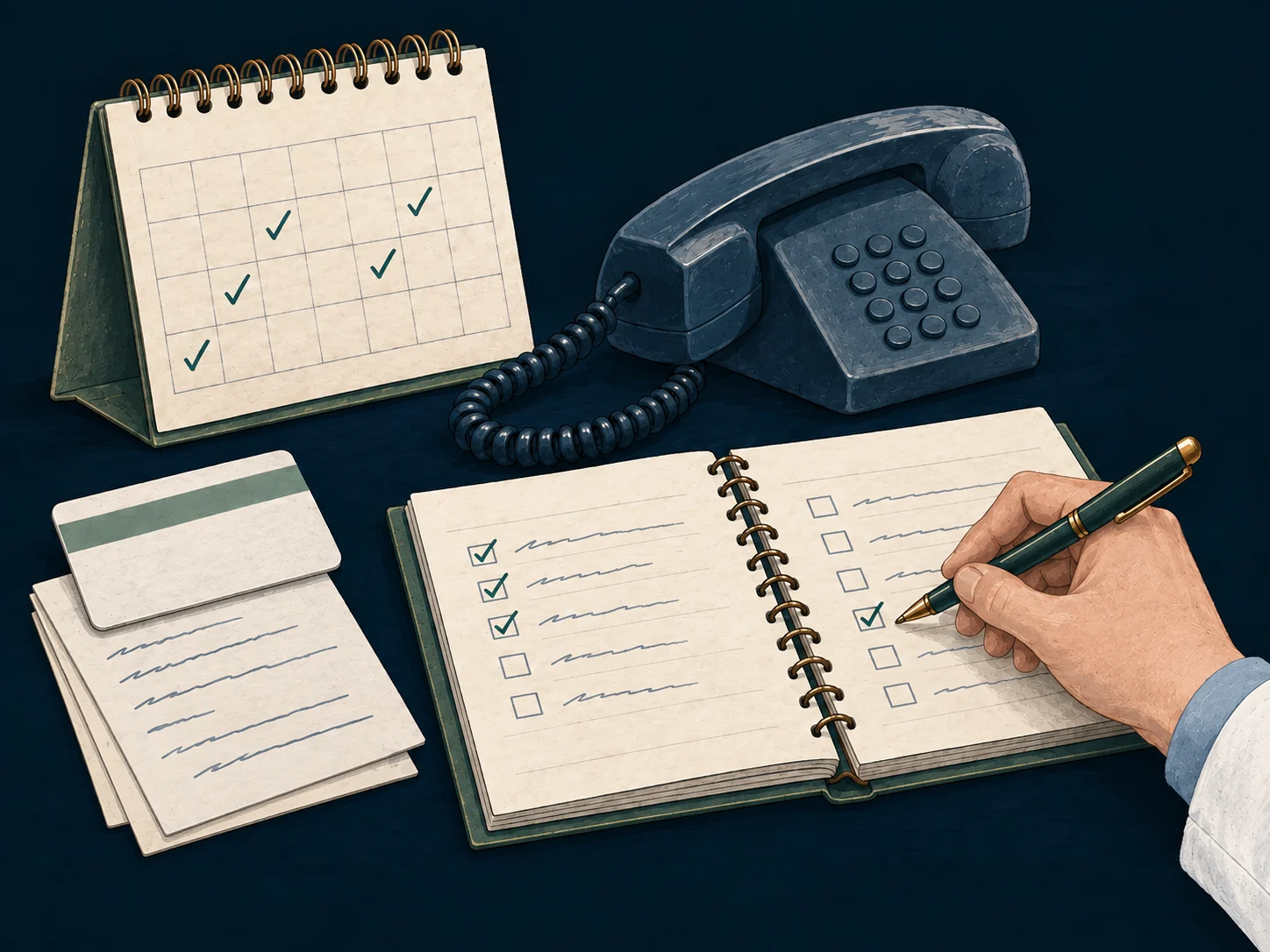 A hand checks an appointment notebook beside a calendar, insurance card, and telephone, illustrating eligibility preparation.