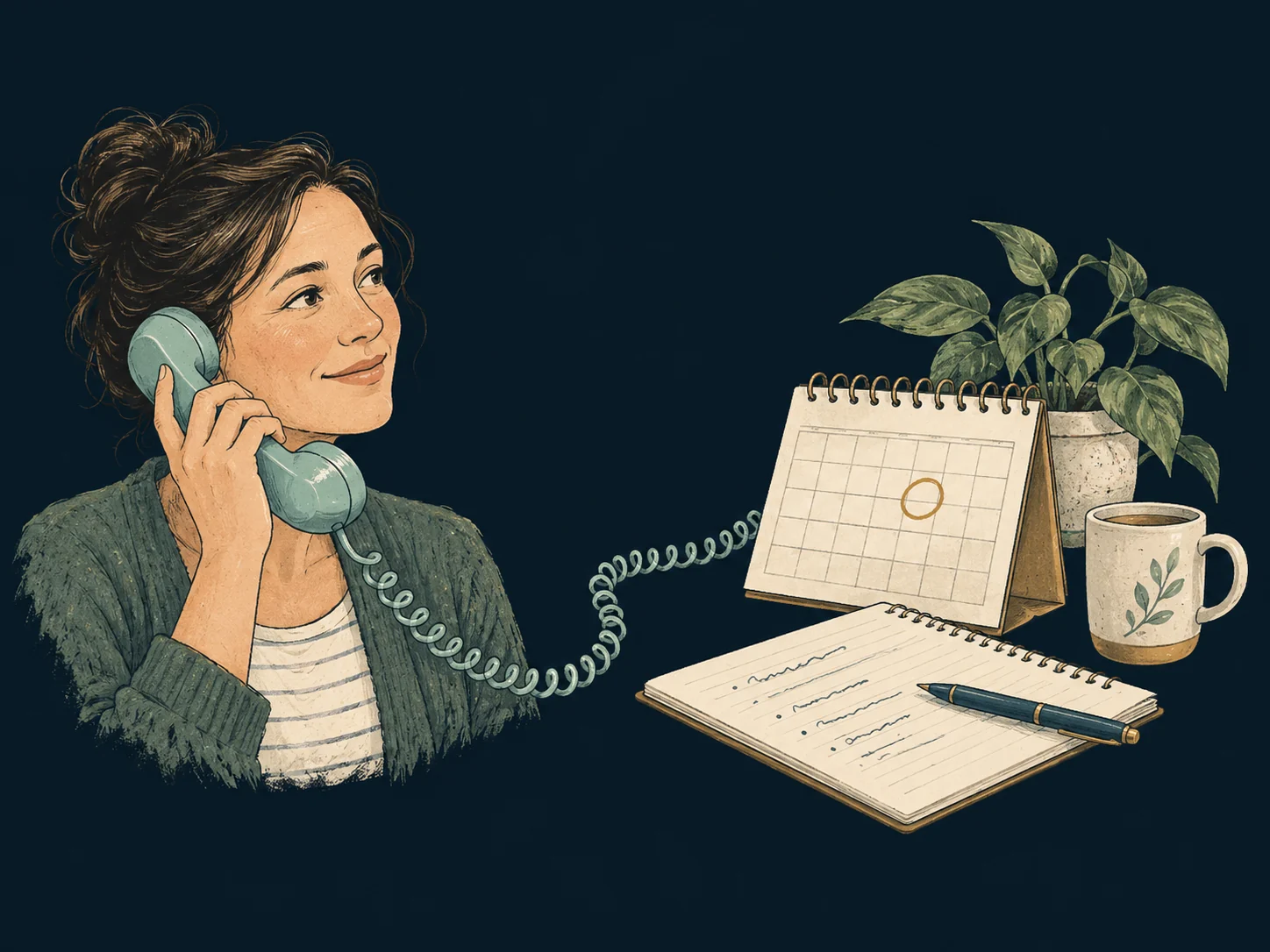 A patient phone conversation connects to an appointment calendar and a notebook for the details the practice needs.