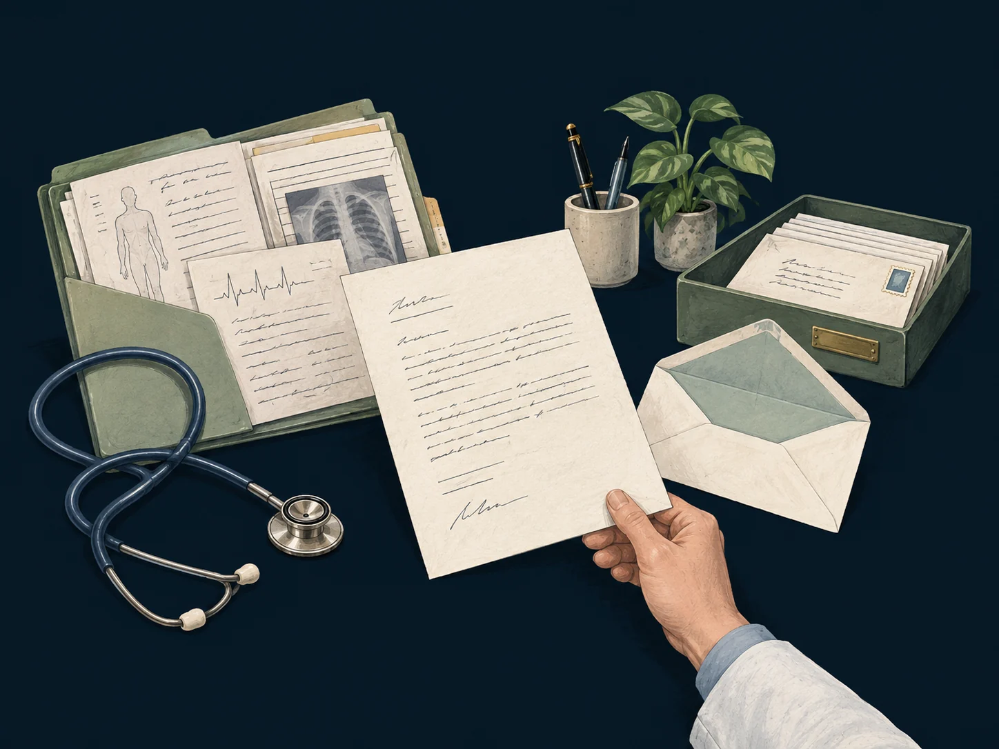 Clinical records become a prepared letter and an authorization submission, illustrated with a folder, pen, and outgoing envelope.